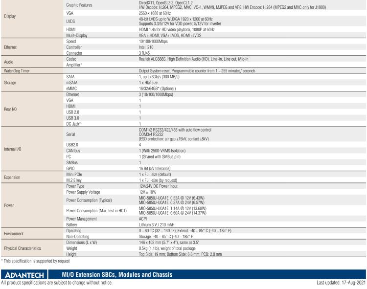 研華MIO-5850 Intel賽揚(yáng)J1900和Atom?E3825 / E3845,3.5“MI / O-Compact SBC，板載DDR3L，3GbE，iManager 3.0,16位GPIO，CANBUS，板載eMMC，12V / 24V電源輸入