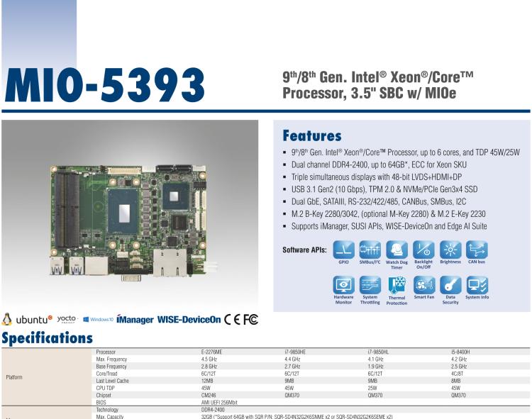 研華MIO-5393 第九代Intel 高性能筆記本CPU 3.5寸小尺寸嵌入式單板，性能提升25%，TDP 45W/25W，支持DDR4 64GB內(nèi)存，2LAN, 4USB 3.1，M.2 2280 Key支持NVMe，-40-85℃寬溫