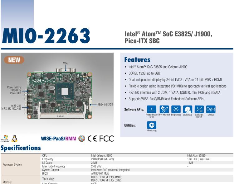 研華MIO-2263 2.5寸Pico-ITX主板，搭載Intel? Atom? SoC E3825/ J1900處理器的2.5寸Pico-ITX單板電腦，采用DDR3L內存，支持24-bit LVDS + VGA/HDMI獨立雙顯，帶有豐富I/O接口：1個GbE、半長Mini PCIe、4個USB、2個COM、SMBus、mSATA & MIOe