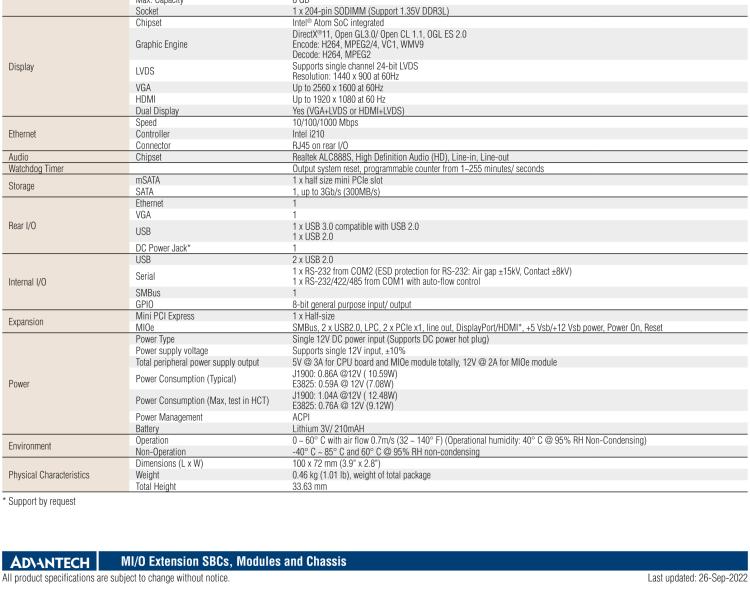 研華MIO-2263 2.5寸Pico-ITX主板，搭載Intel? Atom? SoC E3825/ J1900處理器的2.5寸Pico-ITX單板電腦，采用DDR3L內存，支持24-bit LVDS + VGA/HDMI獨立雙顯，帶有豐富I/O接口：1個GbE、半長Mini PCIe、4個USB、2個COM、SMBus、mSATA & MIOe