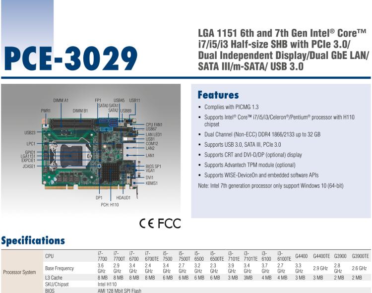 研華PCE-3029 LGA 1151 6th Gen Intel? Core? i7/i5/i3 Half-size SHB with PCIe 3.0/ Dual Independent Display/Dual GbE LAN/SATA III/m-SATA/ USB 3.0