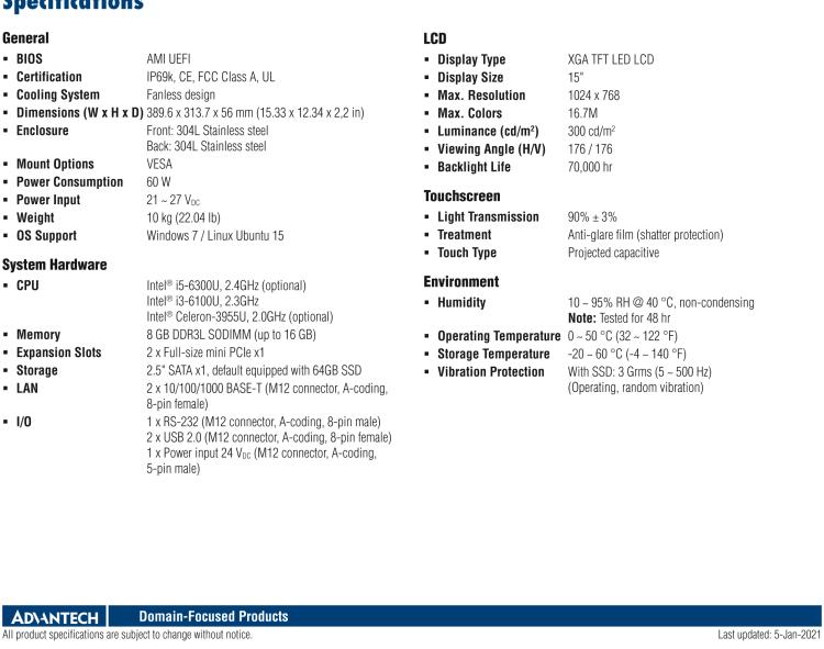 研華SPC-515 具有不銹鋼外殼和IP69K防護等級的15英寸XGA TFT LED LCD多點觸摸工業(yè)平板電腦