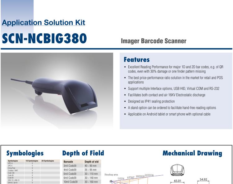 研華SCN-MCWIG829 SCN series is healthcare area Image barcode scanner designed as IP42 sealing protection and supporting 1D, 2D and GS1 databar codes.