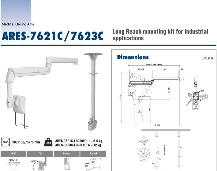 研華ARES-7623C Bundled with ARES-7600C, ARES-7623C provides a medical-grade ceiling long-reach arm that can be used with bedside PIT (with a load of 6~12 kg).