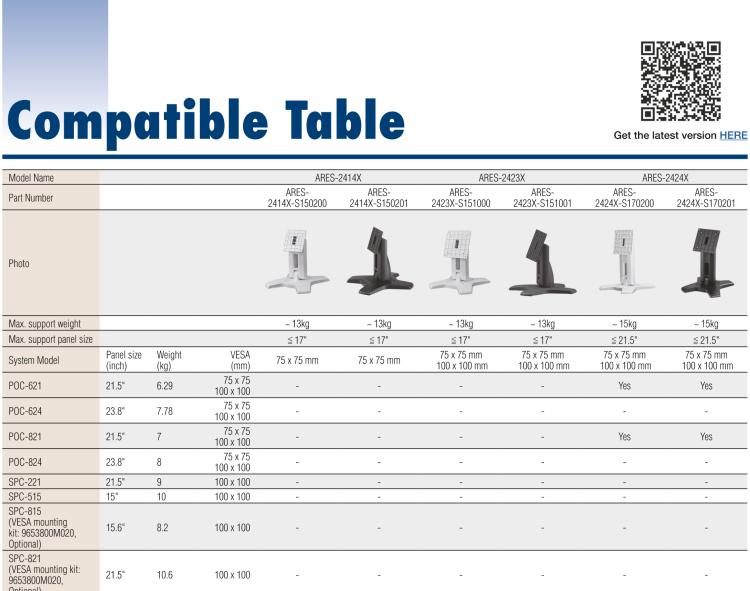 研華ARES-2423S ARES-2423S is a height-adjusting desk stand compatible with 75x75/100x100 mm VESA patterns. It can tilt -5° (down) ~ +20° (up) and screens up to 34".