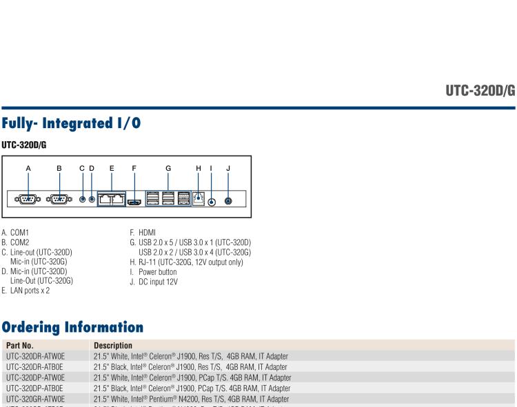 研華UTC-320D 21.5" 多功能觸控一體機，內(nèi)置Intel? Celeron? J1900處理器