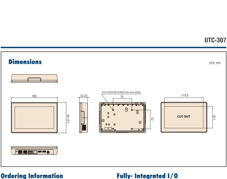 研華UTC-307G 7" 多功能觸控一體機，Intel? Celeron? N3350/Pentium? N4200 處理器