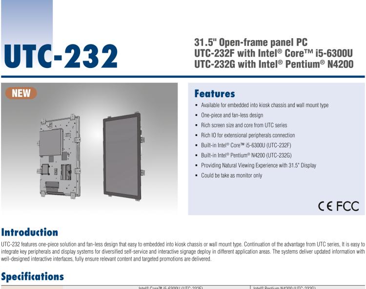 研華UTC-232F 31.5" Open Frame Panel PC with Intel? Core? i5-6300U