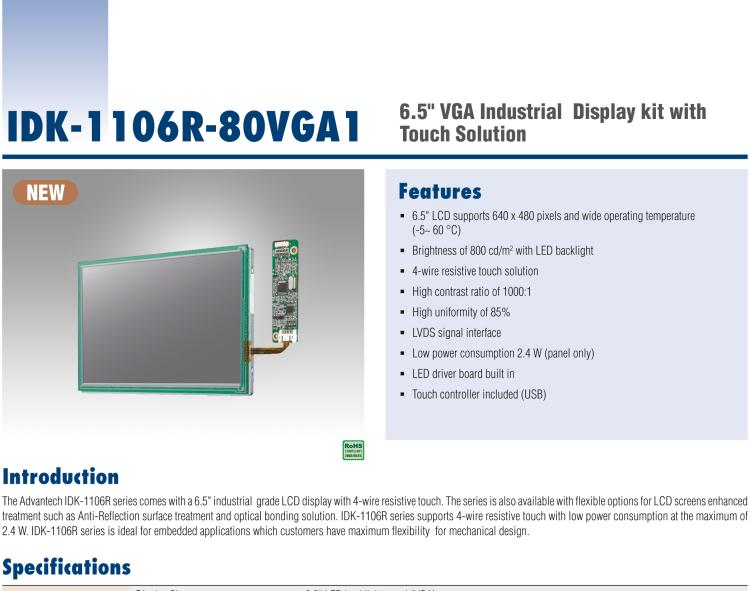 研華IDK-1106 6.5" VGA 640x480 800nit LVDS LCD，帶 4W RES. T/S 套件