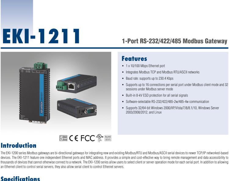 研華EKI-1211 單口RS-232/422/485 Modbus網(wǎng)關