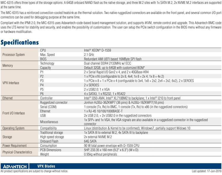 研華MIC-6315 基于Intel? Xeon? D-1500處理器的Open VPX CPU刀片式計算機