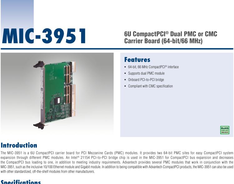 研華MIC-3951 6U CompactPCI? 雙 PMC 載板（64-位/66 MHz）