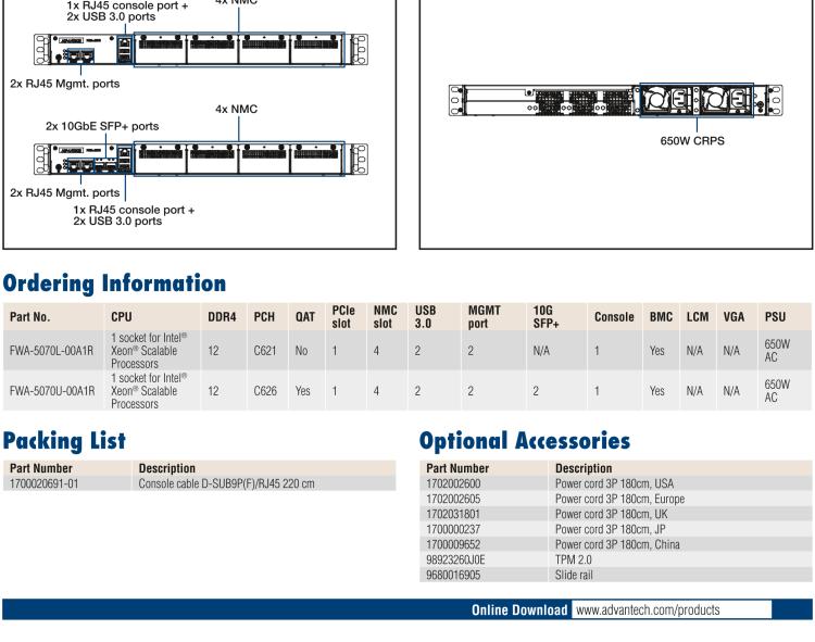 研華FWA-5070 基于Intel?Xeon?處理器可擴展系列1U機架式網(wǎng)絡(luò)應(yīng)用平臺，最高支持4個NMC插槽