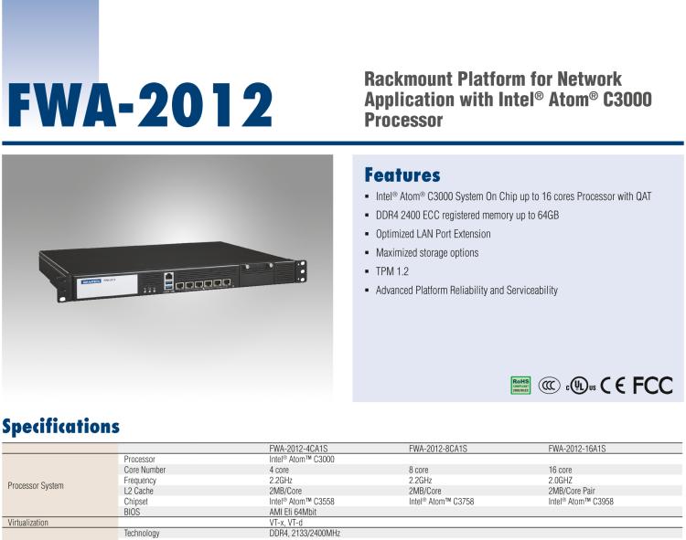 研華FWA-2012 基于Intel?Atom?C3000處理器的網(wǎng)絡(luò)應(yīng)用程序機(jī)架安裝平臺(tái)