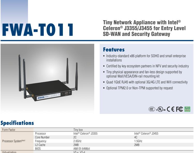 研華FWA-T011 基于Intel? Celeron? N3350/J3455 入門級SD-WAN，安全網(wǎng)關(guān)微型網(wǎng)絡(luò)應(yīng)用平臺