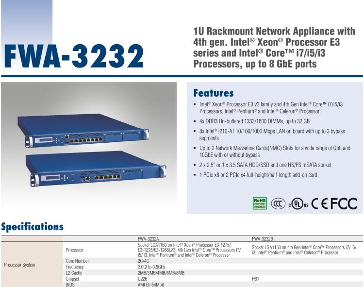 研華FWA-3232 基于Intel? Haswell XeonTM E3/CoreTM/ PentiumTM/CeleronTM系列處理器 1U機架式網絡應用平臺