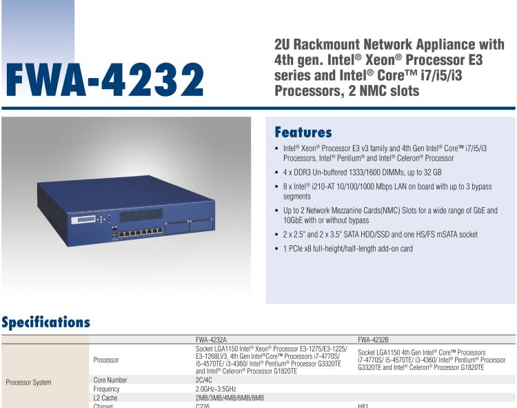 研華FWA-4232 基于Intel? Haswell XeonTM E3/CoreTM/ PentiumTM/CeleronTM系列處理器 2U機(jī)架式網(wǎng)絡(luò)應(yīng)用平臺