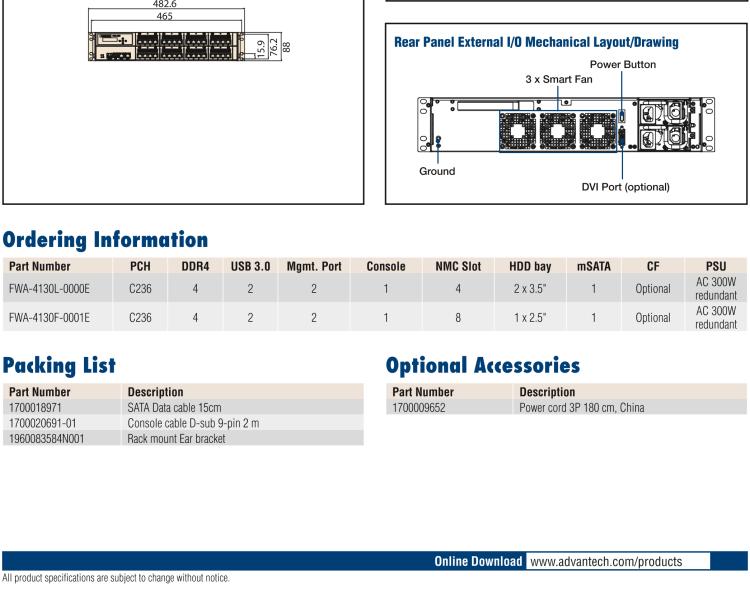 研華FWA-4130 基于第六代/第七代Intel?Xeon?E3和 Intel?core?i7 / i5 / i3系列處理器 2U機架式網絡應用平臺