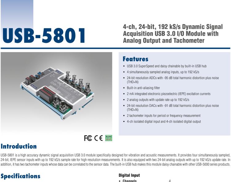 研華USB-5801 4路，24位，192 kS / s的動(dòng)態(tài)信號采集USB 3.0 I / O模塊使用模擬輸出和轉(zhuǎn)速計(jì)