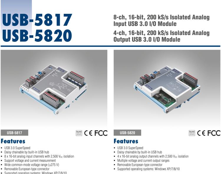 研華USB-5820 4通道，16位，200 kS / s隔離模擬輸出USB 3.0 I/O模塊