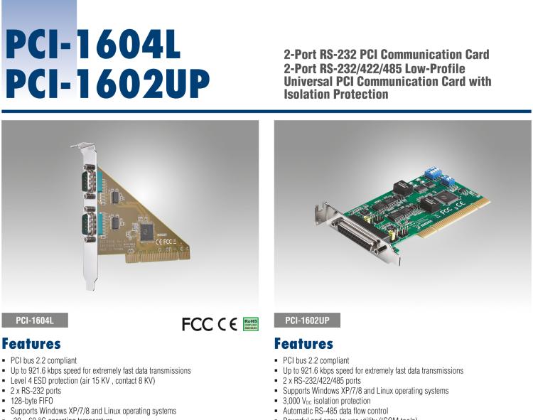 研華PCI-1602UP 2端口RS-232/485 低配PCI 含隔離和EFT浪涌保護(hù)通訊卡