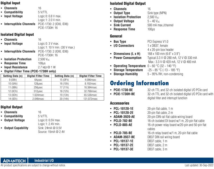 研華PCIE-1730 PCI Expresscard擴(kuò)展接口，支持32通道隔離DIO和TTL DIO