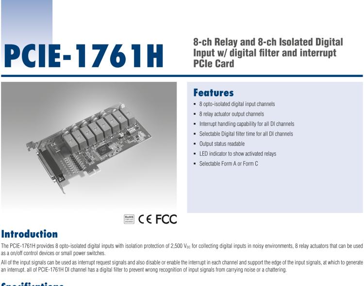 研華PCIE-1761H 8通道繼電器和8通道隔離式數(shù)字輸入，帶數(shù)字濾波器和中斷PCIe卡