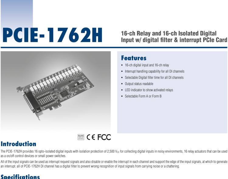 研華PCIE-1762H 16 通道繼電器和 16 通道隔離數(shù)字輸入，帶數(shù)字濾波器和中斷 PCIe 卡