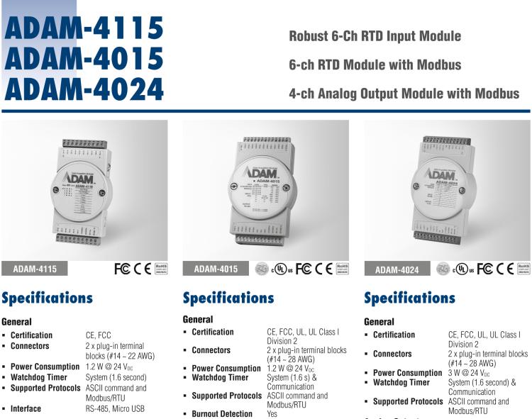 研華ADAM-4115-B ADAM-4115 6 通道 RTD 輸入模塊可接受多種 RTD 傳感器類型，包括 Pt100、Pt1000、Ni50、Ni508 和 Balco 500 系列