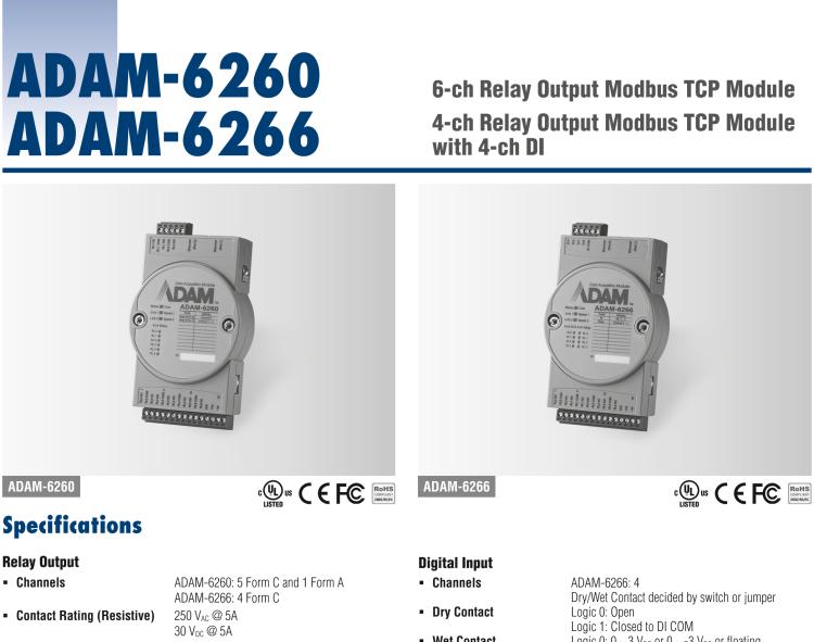 研華ADAM-6266 支持Modbus TCP的4路繼電器輸出模塊，帶4路DI