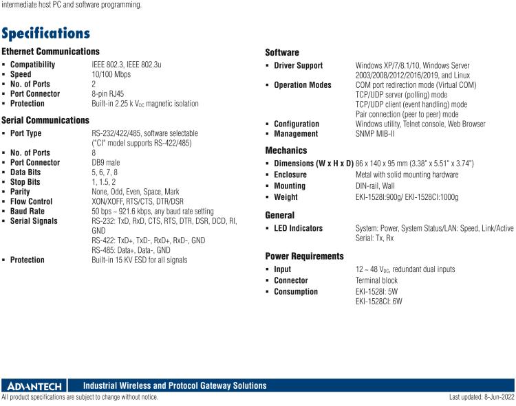 研華EKI-1528I-DR 8-port RS-232/422/485 Serial Device Server - Wide Temperature