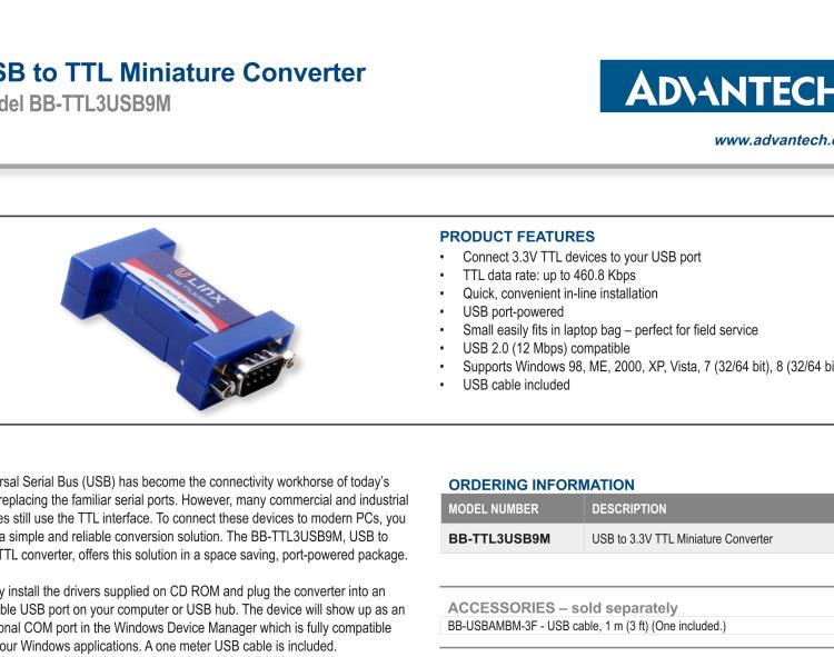 研華BB-TTL3USB9M 串口轉換器，USB 2.0至3.3 V TTL DB9 公頭