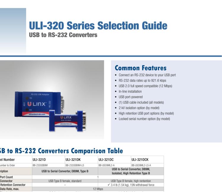 研華BB-232USB9M-LS ULI-321DK USB 2.0到RS-232轉(zhuǎn)換器，DB9公頭 端口號(hào)鎖定