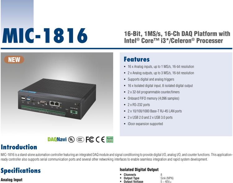 研華MIC-1816 具有Core?i3 /Celeron?處理器的16位，1 MS / s，16通道DAQ平臺(tái)