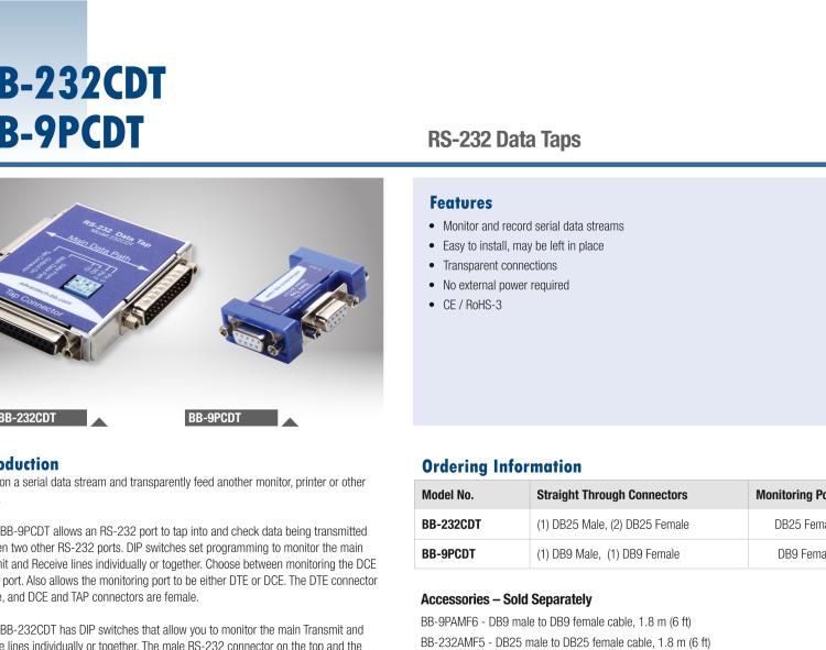 研華BB-232CDT 串口數(shù)據(jù)監(jiān)聽(tīng)器，RS-232，DB25 公頭至DB25 母頭加DB25 母頭監(jiān)視器