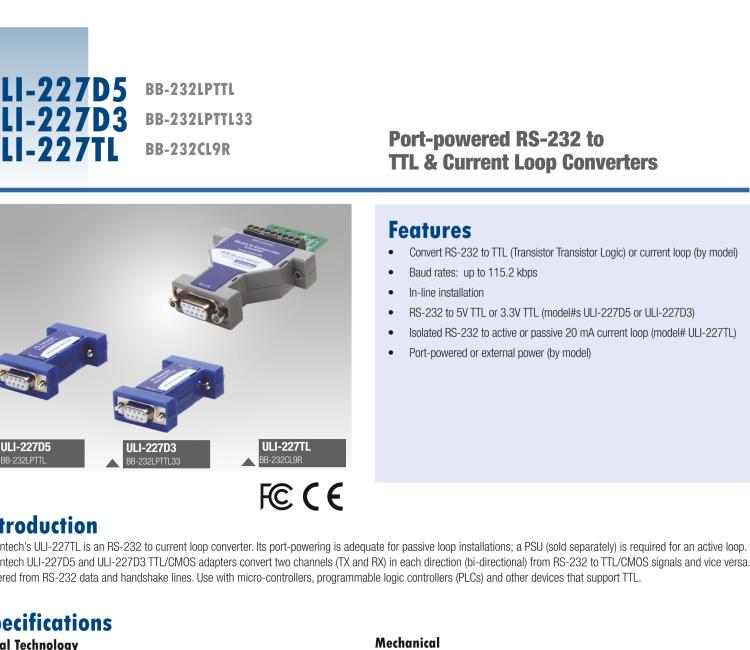 研華BB-232LPTTL33 ULI-227D3 RS-232（DB9母頭）至3.3V TTL（DB9公頭）轉(zhuǎn)換器，端口供電