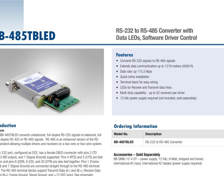 研華BB-485TBLED 串口轉(zhuǎn)換器，RS-232 DB25 母頭至RS-485 TB