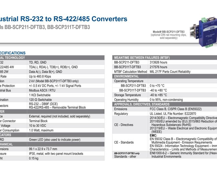 研華BB-SCP311T-DFTB3 ULI-224THC 寬溫度范圍、隔離式、RS-232 至 422/485 轉(zhuǎn)換器