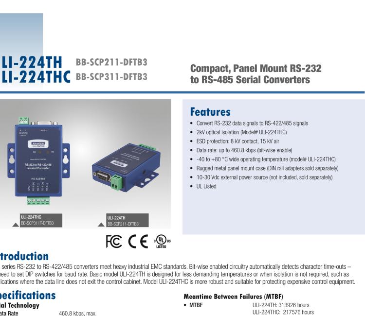 研華BB-485BAT3 ULI-224TB RS-232（DB9母頭至RS-422/485（接線端子）轉(zhuǎn)換器，電池供電