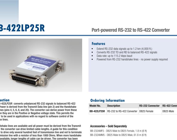 研華BB-422LP25R 串口轉(zhuǎn)換器，RS-232 DB-25 F至RS-422 DB25 M，端口供電