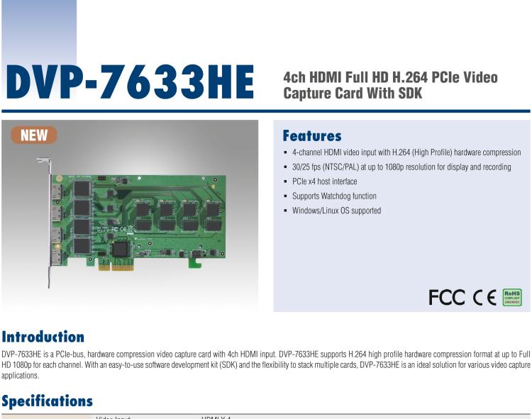 研華DVP-7633HE 4ch HDMI Full HD H.264 PCIe Video Capture Card With SDK